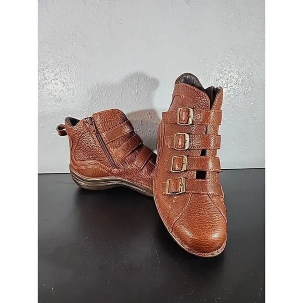 Bionico Boots 6.5 M Booties Brown Stitch Leather Multi Strap Ankle Zip Shoes